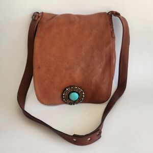 Leather Cognac Brown Drawstring Bucket Handbag Beaded Medallion